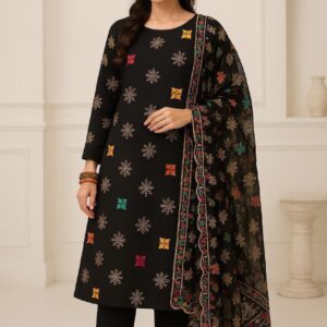 Linen Phulkari Full Jaal Embroidered Shirt & Shafoon Dupatta - 3 Piece