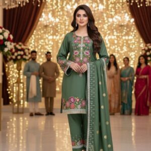 Dhanak emb 3 - Piece Semi stitched